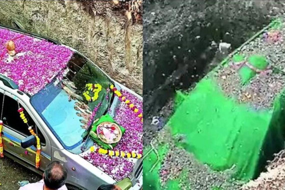 காருக்கு இறுதிச் சடங்கு செய்த இந்தியத் தொழிலதிபர்